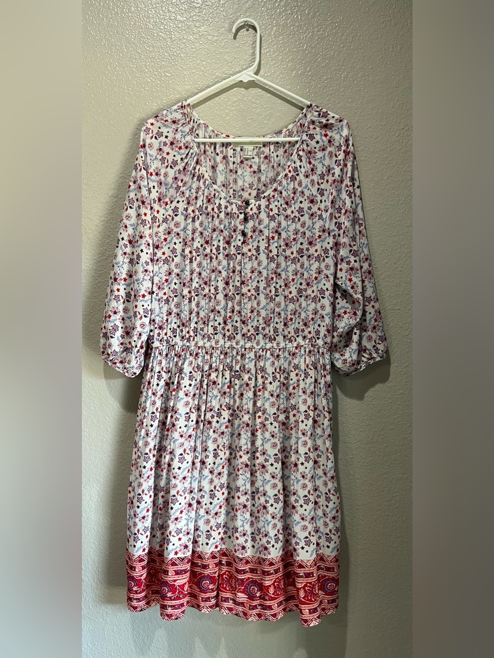 Forever 21 White Midi Dress Pink & Red Floral Print Sz 1X Boho Cottage Core